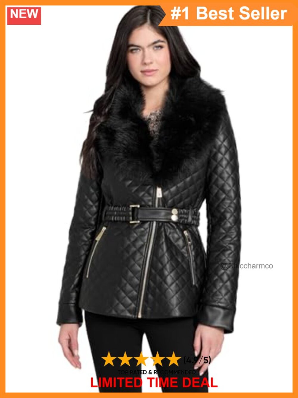 Quilted Faux Leather Moto Jacket Removable Faux Fur Collar Belt